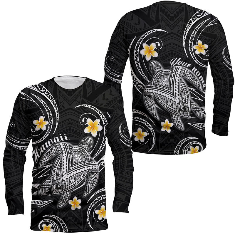 Custom Personalised Hawaii Long Sleeve Shirt Hawaiian Turtle Plumeria Mixed Polynesian Black Style - Wonder Print Shop