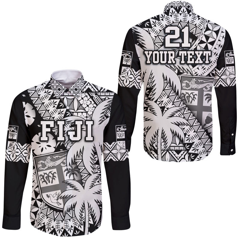 Custom Personalised Fiji Coat Of Arms Hawaii Long Sleeve Button Shirt Masi Tapa Mixed Palm Tree No1 Black Version - Wonder Print Shop