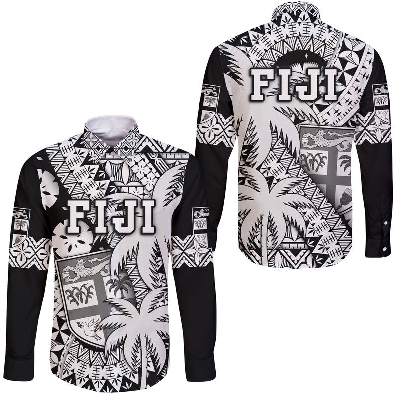Fiji Coat Of Arms Hawaii Long Sleeve Button Shirt Masi Tapa Mixed Palm Tree No1 Black Version - Wonder Print Shop