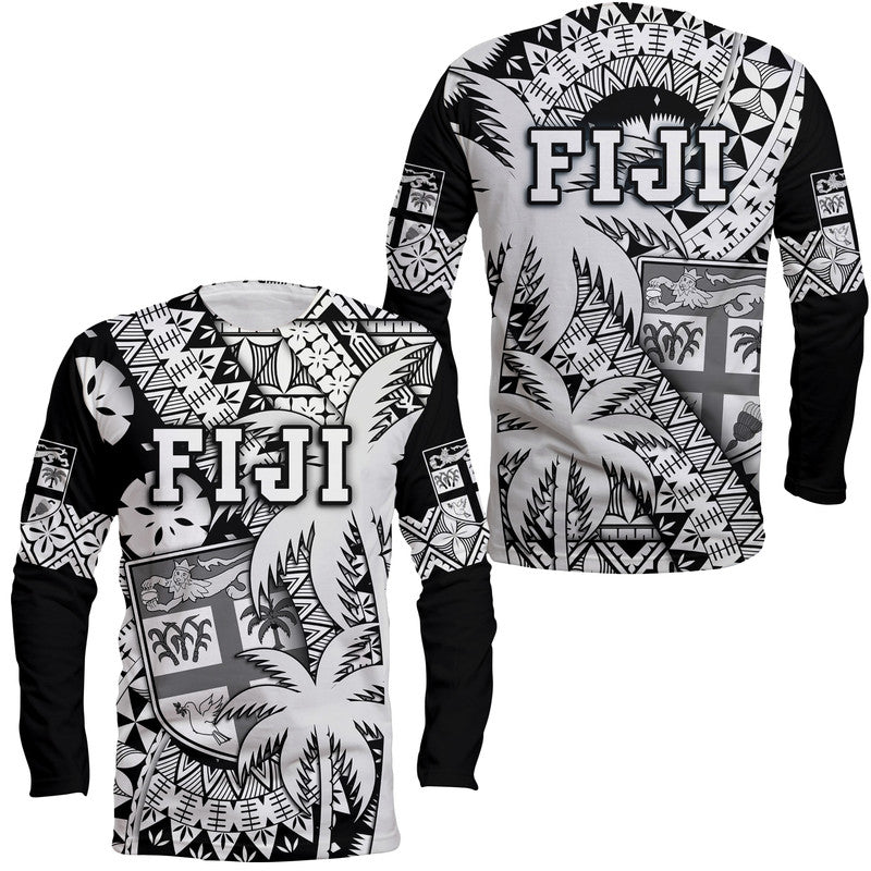 Fiji Coat Of Arms Long Sleeve Shirt Masi Tapa Mixed Palm Tree No1 Black Version - Wonder Print Shop