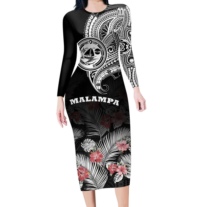 vanuatu-malampa-province-long-sleeve-dress-hibiscus-tribal-polynesian-tattoo-ver-black
