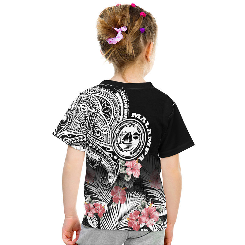 Kids black graphic T-shirt back with tribal emblem, hibiscus flowers, and palm-leaf print