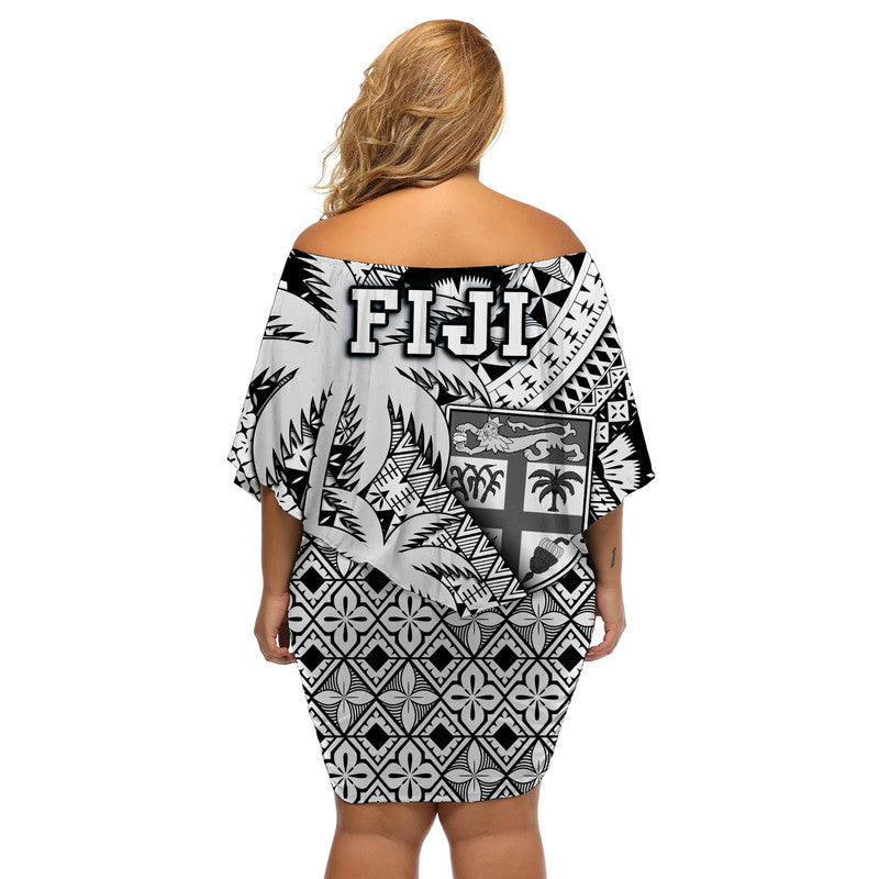 Fiji Coat Of Arms Women Off Shoulder Short Dress Masi Tapa Mixed Palm Tree No1 Black Version - Wonder Print Shop
