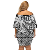 Fiji Coat Of Arms Women Off Shoulder Short Dress Masi Tapa Mixed Palm Tree No1 Black Version - Wonder Print Shop