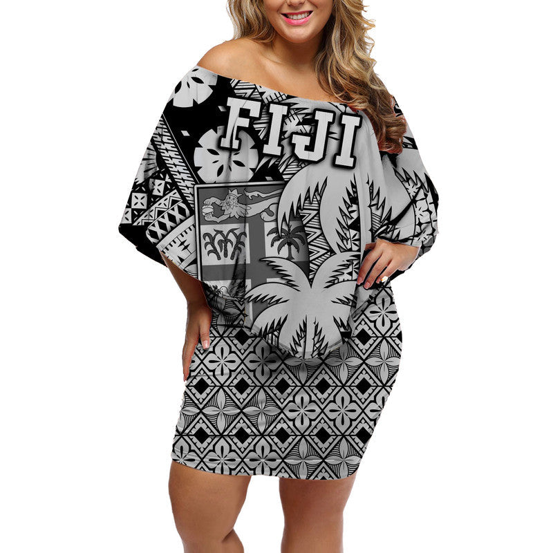 Fiji Coat Of Arms Women Off Shoulder Short Dress Masi Tapa Mixed Palm Tree No1 Black Version - Wonder Print Shop