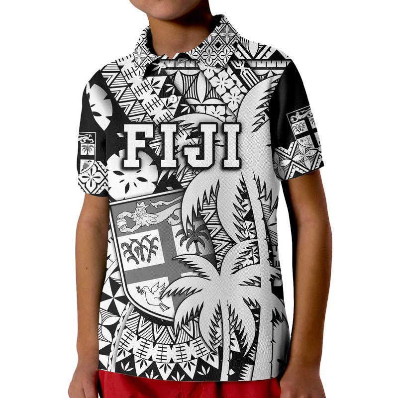 Custom Fiji Polo Shirt Coat Of Arms Masi Tapa Mixed Palm Tree No1 Black Version - Wonder Print Shop