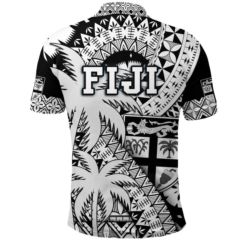 Fiji Polo Shirt Coat Of Arms Masi Tapa Mixed Palm Tree No1 Black Version - Wonder Print Shop