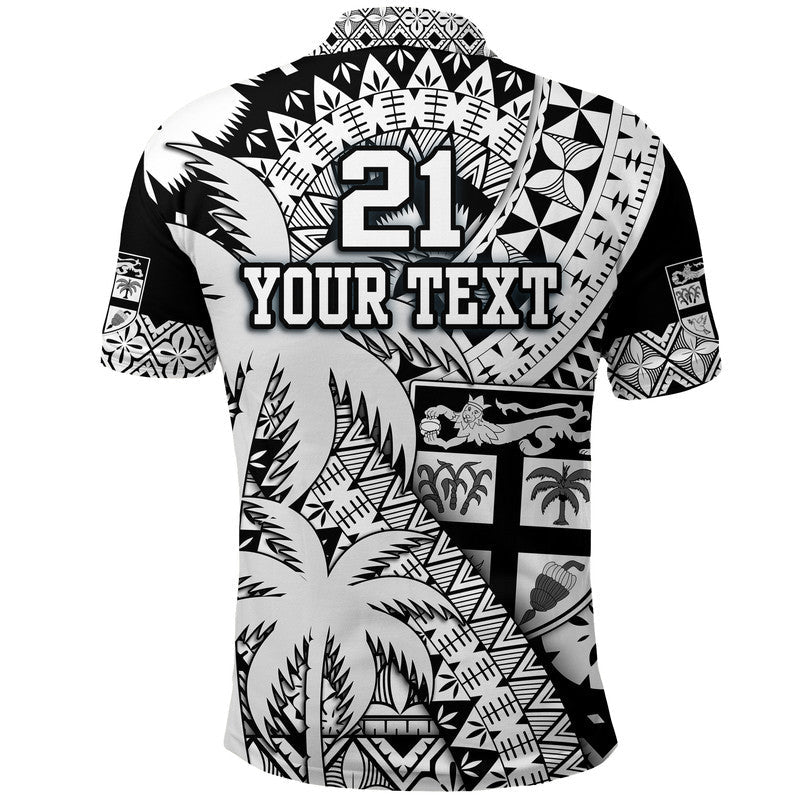 Custom Fiji Polo Shirt Coat Of Arms Masi Tapa Mixed Palm Tree No1 Black Version - Wonder Print Shop