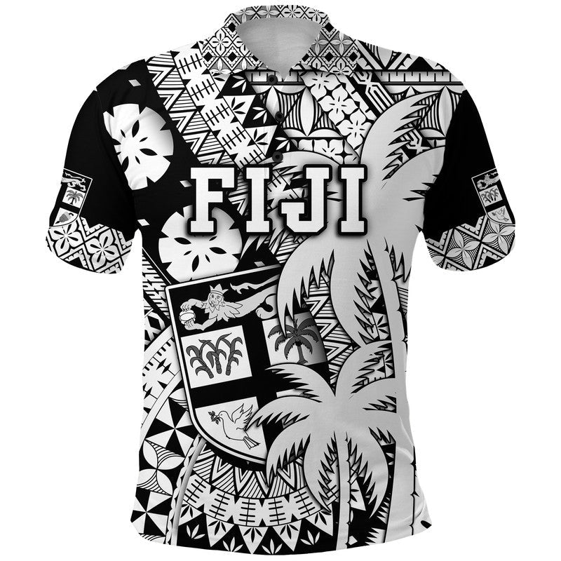Fiji Polo Shirt Coat Of Arms Masi Tapa Mixed Palm Tree No1 Black Version - Wonder Print Shop