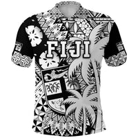 Custom Fiji Polo Shirt Coat Of Arms Masi Tapa Mixed Palm Tree No1 Black Version - Wonder Print Shop