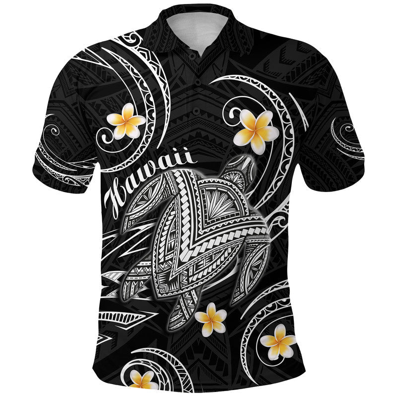 Hawaii Polo Shirt Hawaiian Turtle Plumeria Mixed Polynesian Black Style - Wonder Print Shop