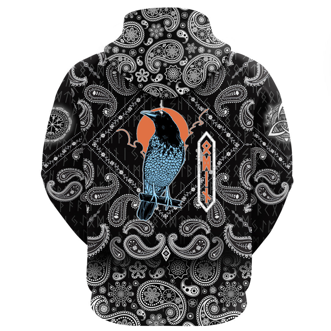 Viking Hoodie Black Raven Sky Rune with Bandana Paisley Style RLT12 - Wonder Print Shop