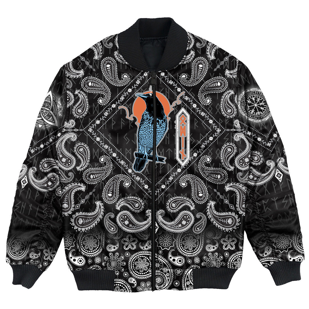 Viking Bomber Jacket Black Raven Sky Rune with Bandana Paisley Style RLT12 - Wonder Print Shop