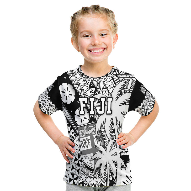 Custom Fiji Coat Of Arms T Shirt Masi Tapa Mixed Palm Tree No1 Black Version - Wonder Print Shop