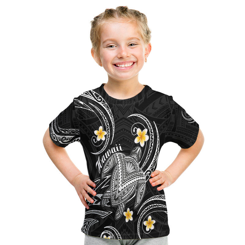 Black kids graphic T-shirt with white tribal swirl art and yellow plumeria flowers