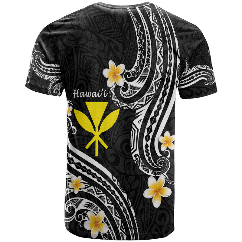 Black T-shirt with Polynesian-style back print, white swirls, and yellow emblem and flowers