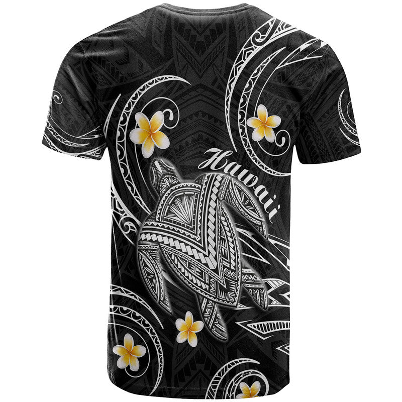 Black graphic T-shirt with large white tribal feather design and yellow plumeria flowers