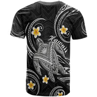 Black graphic T-shirt with large white tribal feather design and yellow plumeria flowers
