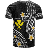 Black T-shirt with Polynesian-style back print, white swirls, and yellow emblem and flowers