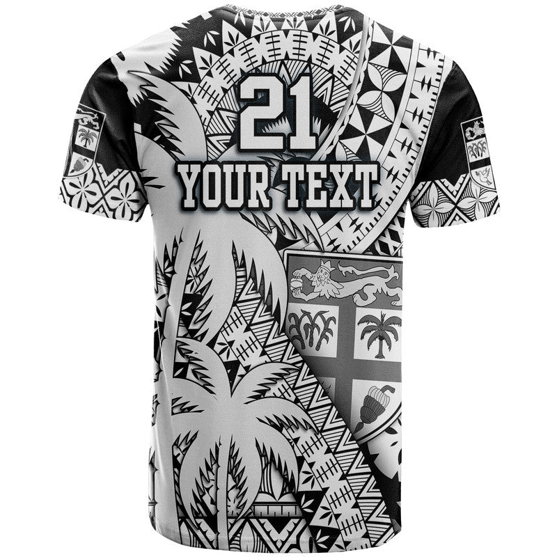 Custom Fiji Coat Of Arms T Shirt Masi Tapa Mixed Palm Tree No1 Black Version - Wonder Print Shop