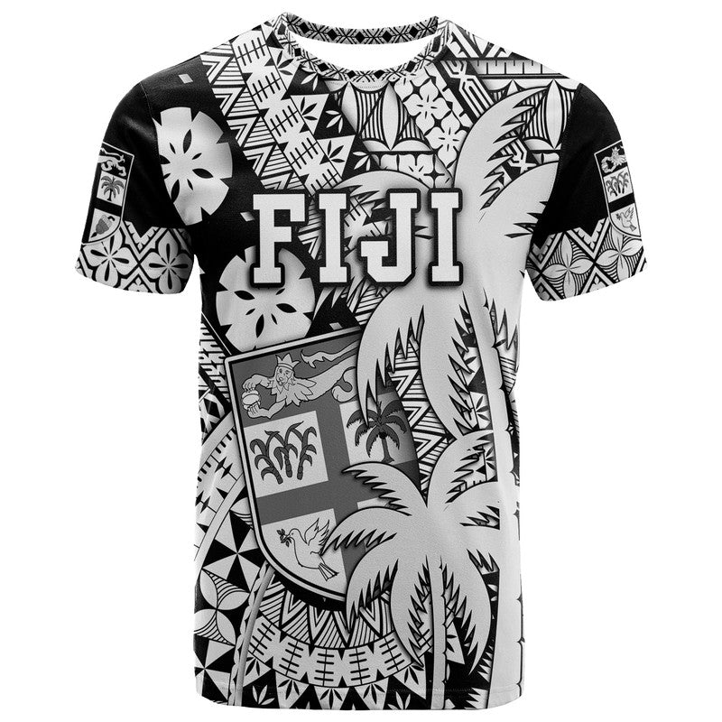 Custom Fiji Coat Of Arms T Shirt Masi Tapa Mixed Palm Tree No1 Black Version - Wonder Print Shop