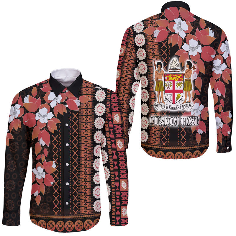 Custom Personalised Fiji Hawaii Long Sleeve Button Shirt Tagimoucia Mixed Black Tapa Style - Wonder Print Shop