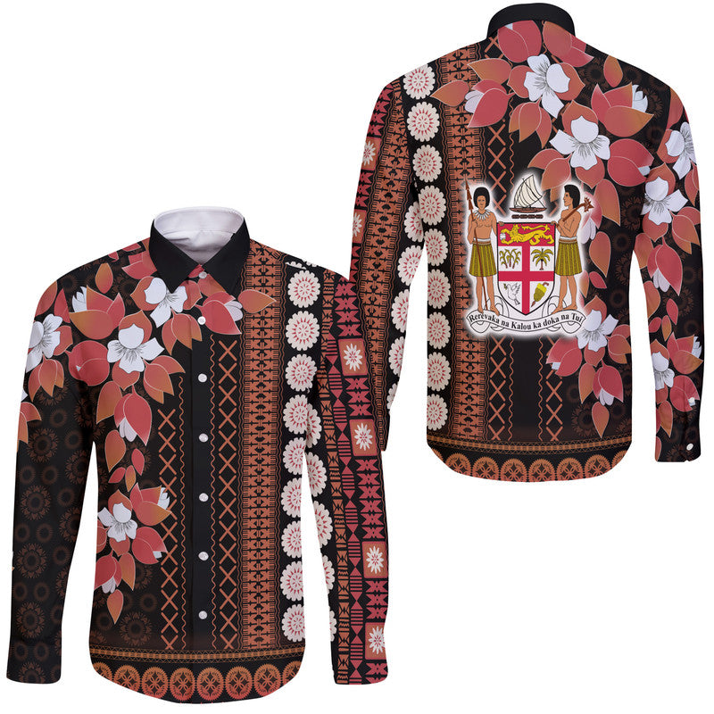 Fiji Hawaii Long Sleeve Button Shirt Tagimoucia Mixed Black Tapa Style - Wonder Print Shop