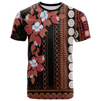 Black tapa-style T-shirt with red, pink and white floral print, crew neck