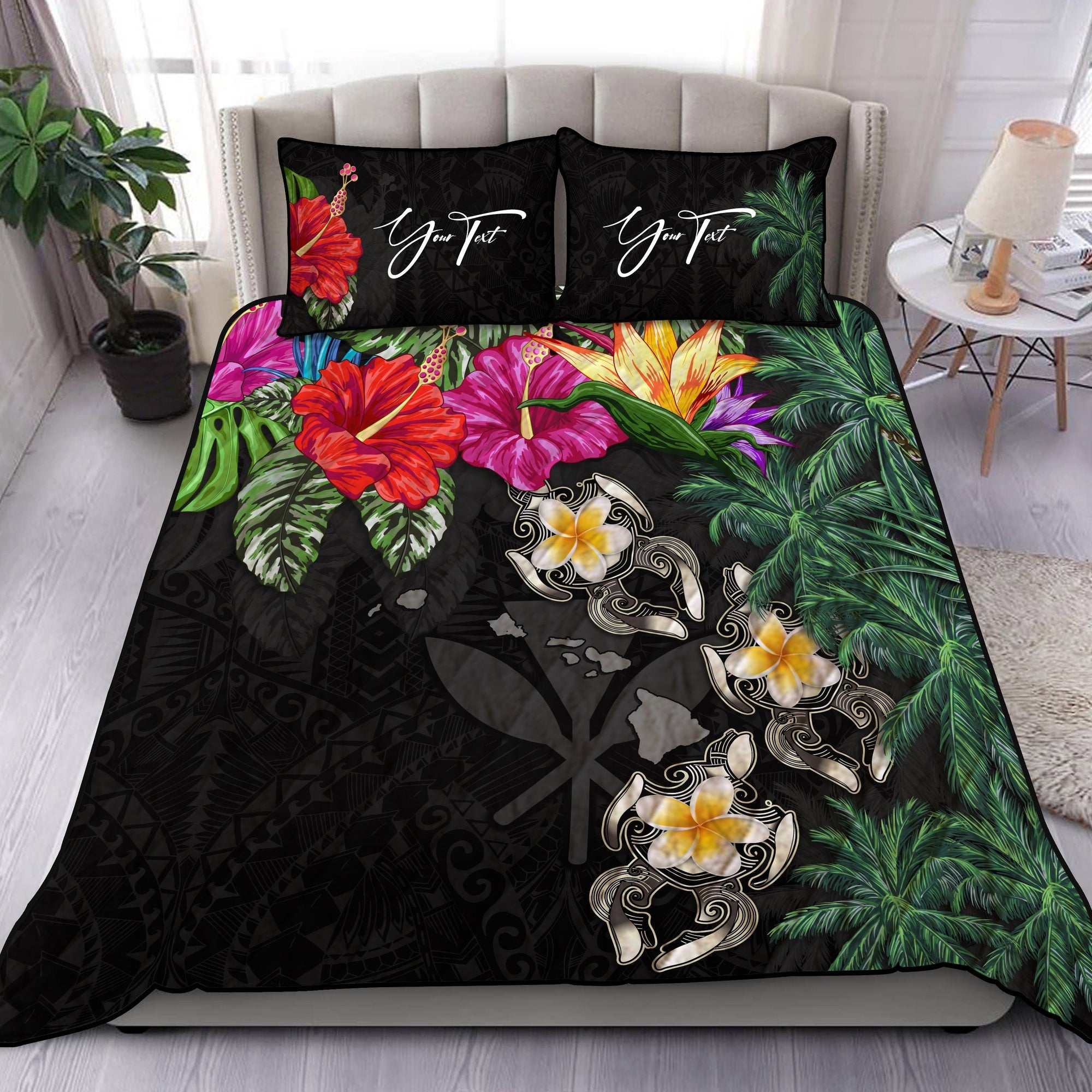 custom-kanaka-maoli-hawaiian-quilt-bed-set-hibiscus-turtle-tattoo-black-personal-signature