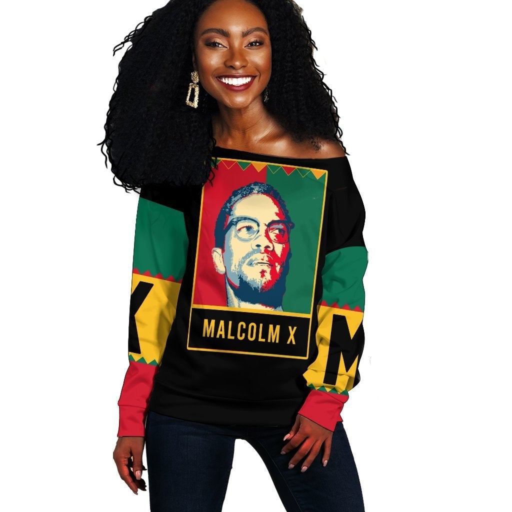 Wonder Print Shop Sweatshirt - Malcolm X Black History Month Style Off Shoulder - Wonder Print Shop