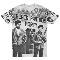 Crewneck T-shirt with “BLACK PANTHER PARTY” text and black-and-white photo collage