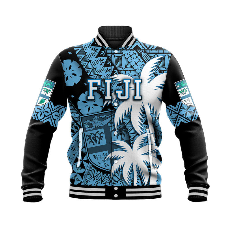 Fiji Coat Of Arms Baseball Jacket Masi Tapa Mixed Palm Tree No1 Blue Version LT9 - Wonder Print Shop