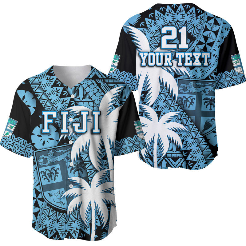 Custom Personalised Fiji Coat Of Arms Baseball Jersey Masi Tapa Mixed Palm Tree No1 Blue Version LT9 - Wonder Print Shop