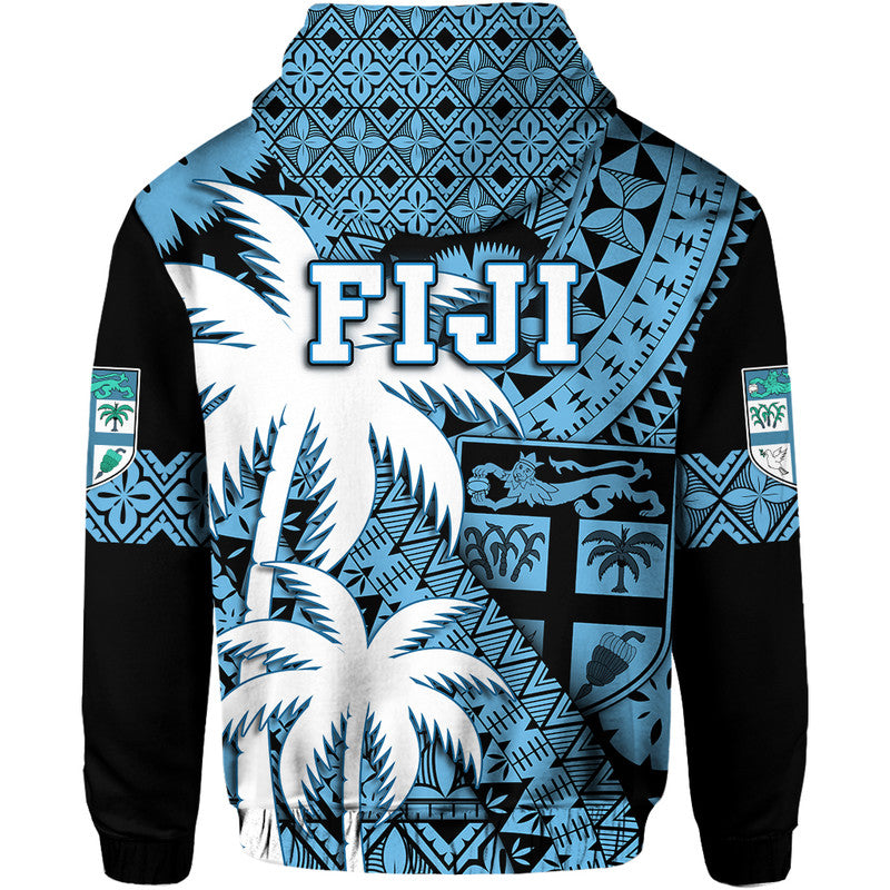 Fiji Hoodie Coat Of Arms Masi Tapa Mixed Palm Tree No1 Blue Version - Wonder Print Shop