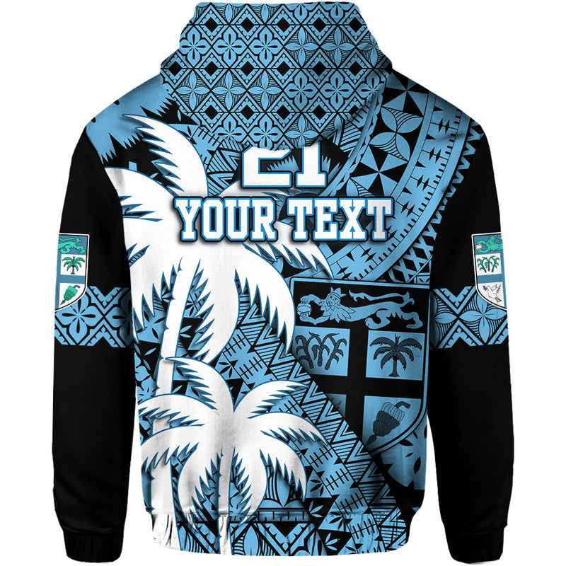 Custom Personalised Fiji Hoodie Coat Of Arms Masi Tapa Mixed Palm Tree No1 Blue Version - Wonder Print Shop