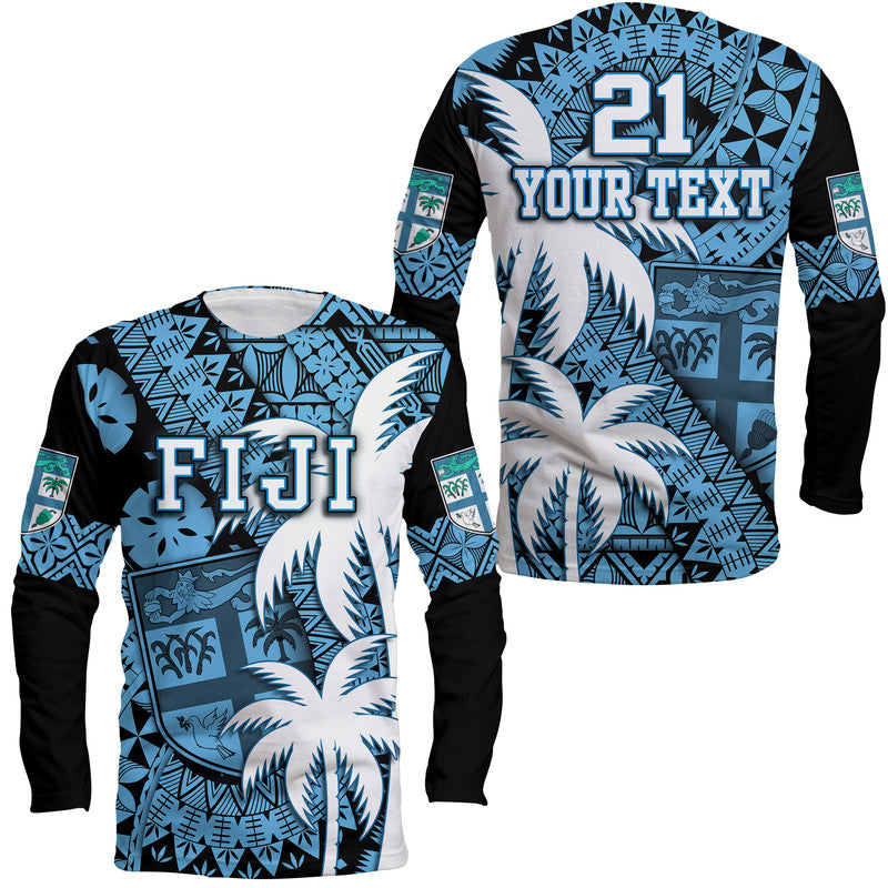 Custom Personalised Fiji Coat Of Arms Long Sleeve Shirt Masi Tapa Mixed Palm Tree No1 Blue Version - Wonder Print Shop