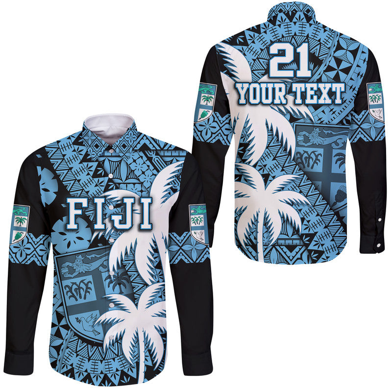 Custom Personalised Fiji Coat Of Arms Hawaii Long Sleeve Button Shirt Masi Tapa Mixed Palm Tree No1 Blue Version - Wonder Print Shop