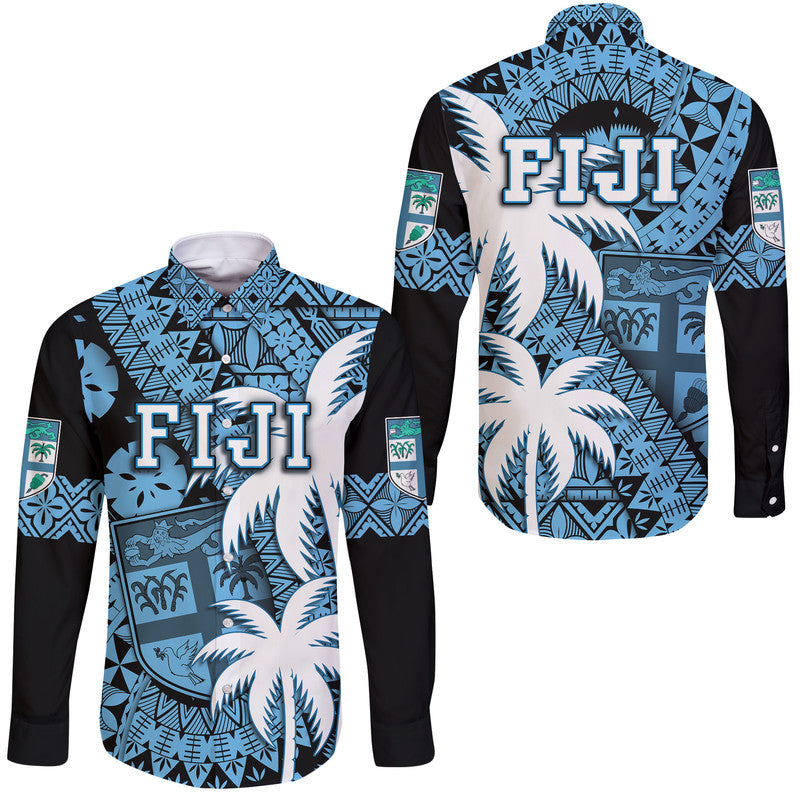 Fiji Coat Of Arms Hawaii Long Sleeve Button Shirt Masi Tapa Mixed Palm Tree No1 Blue Version - Wonder Print Shop