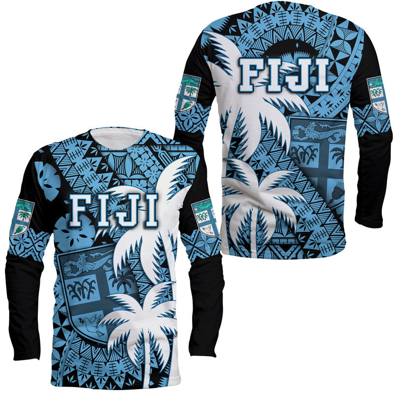 Fiji Coat Of Arms Long Sleeve Shirt Masi Tapa Mixed Palm Tree No1 Blue Version - Wonder Print Shop