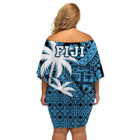 Fiji Coat Of Arms Women Off Shoulder Short Dress Masi Tapa Mixed Palm Tree No1 Blue Version - Wonder Print Shop