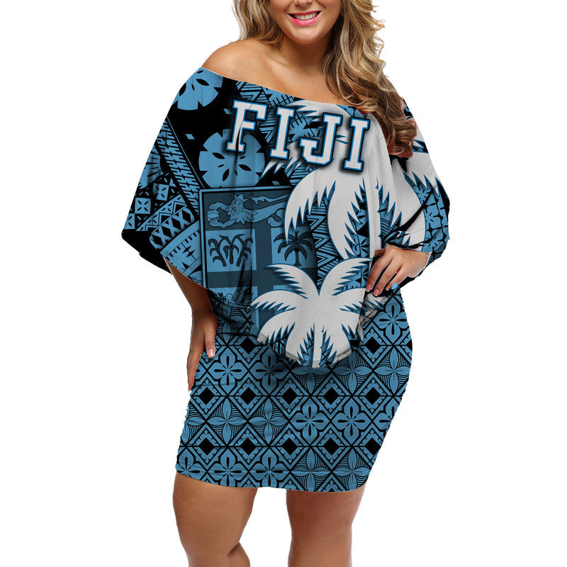 Fiji Coat Of Arms Women Off Shoulder Short Dress Masi Tapa Mixed Palm Tree No1 Blue Version - Wonder Print Shop