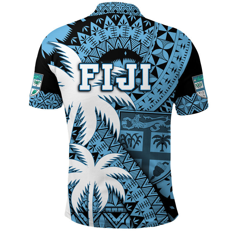 Fiji Polo Shirt Coat Of Arms Masi Tapa Mixed Palm Tree No1 Blue Version - Wonder Print Shop