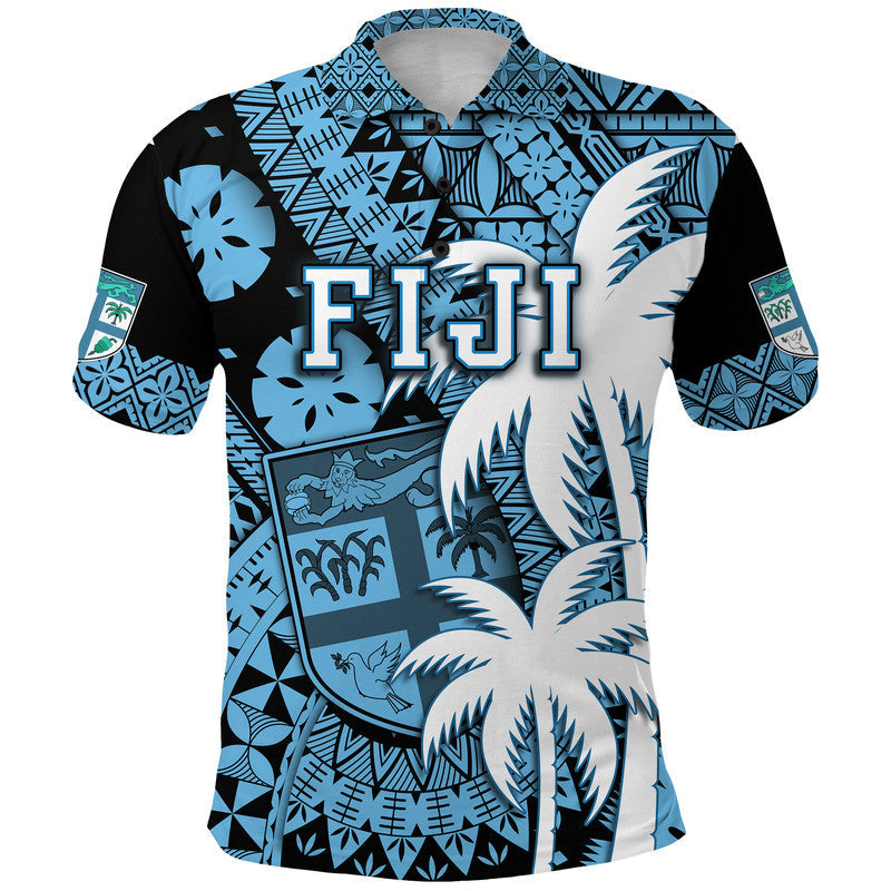 Fiji Polo Shirt Coat Of Arms Masi Tapa Mixed Palm Tree No1 Blue Version - Wonder Print Shop