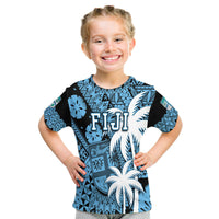 Kids blue graphic T-shirt with FIJI text and palm tree pattern, short sleeves