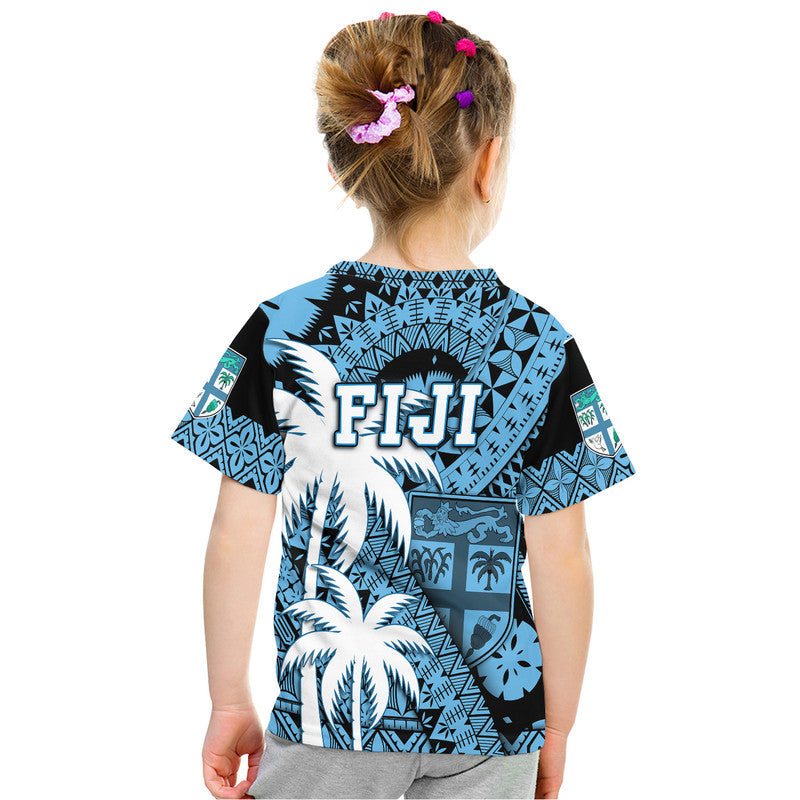 Kids blue graphic T-shirt with FIJI text and palm tree pattern, back view