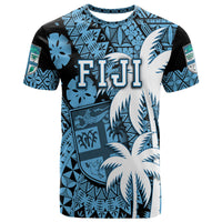 Blue graphic T-shirt with FIJI text and tropical palm patch print