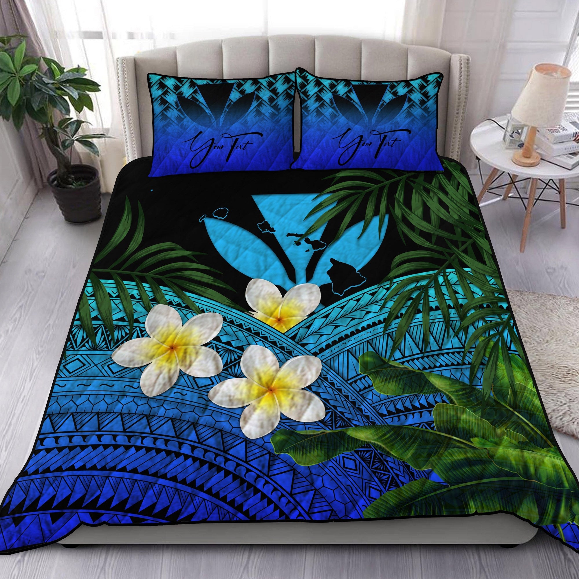 custom-kanaka-maoli-hawaiian-quilt-bed-set-polynesian-plumeria-banana-leaves-blue-personal-signature