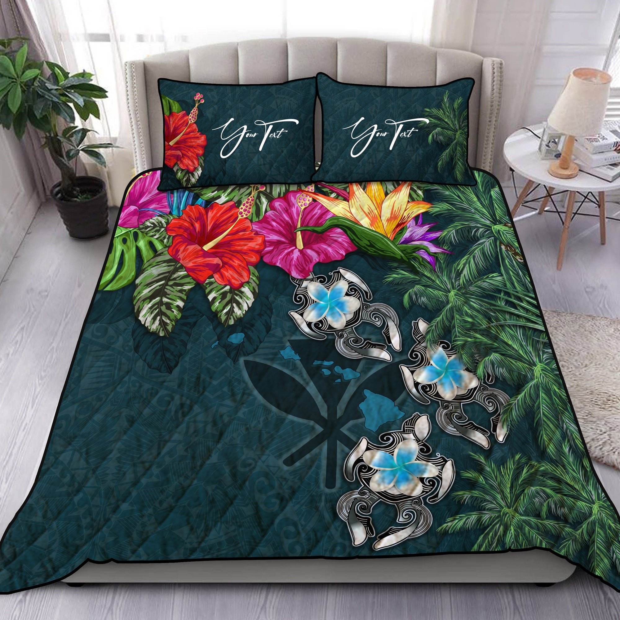 custom-kanaka-maoli-hawaiian-quilt-bed-set-hibiscus-turtle-tattoo-blue-personal-signature