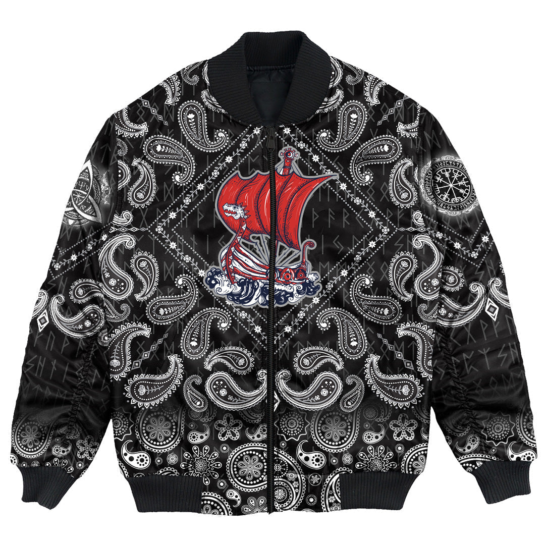 Viking Bomber Jacket Boat Drakkar Art with Bandana Paisley Style RLT12 - Wonder Print Shop