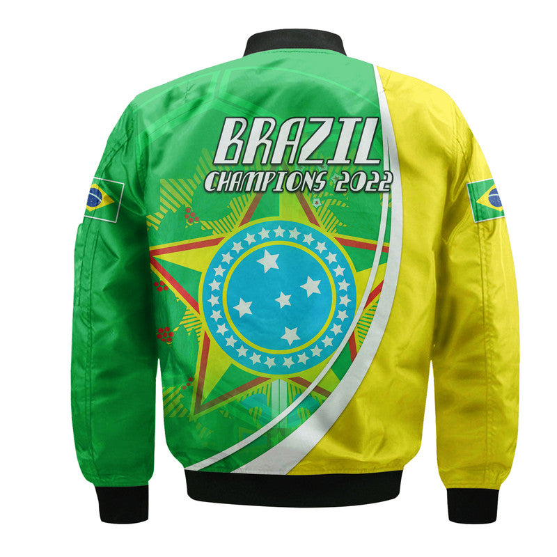Bomber jacket back with large Brazil Champions 2022 graphic, green/yellow panels, black cuffs